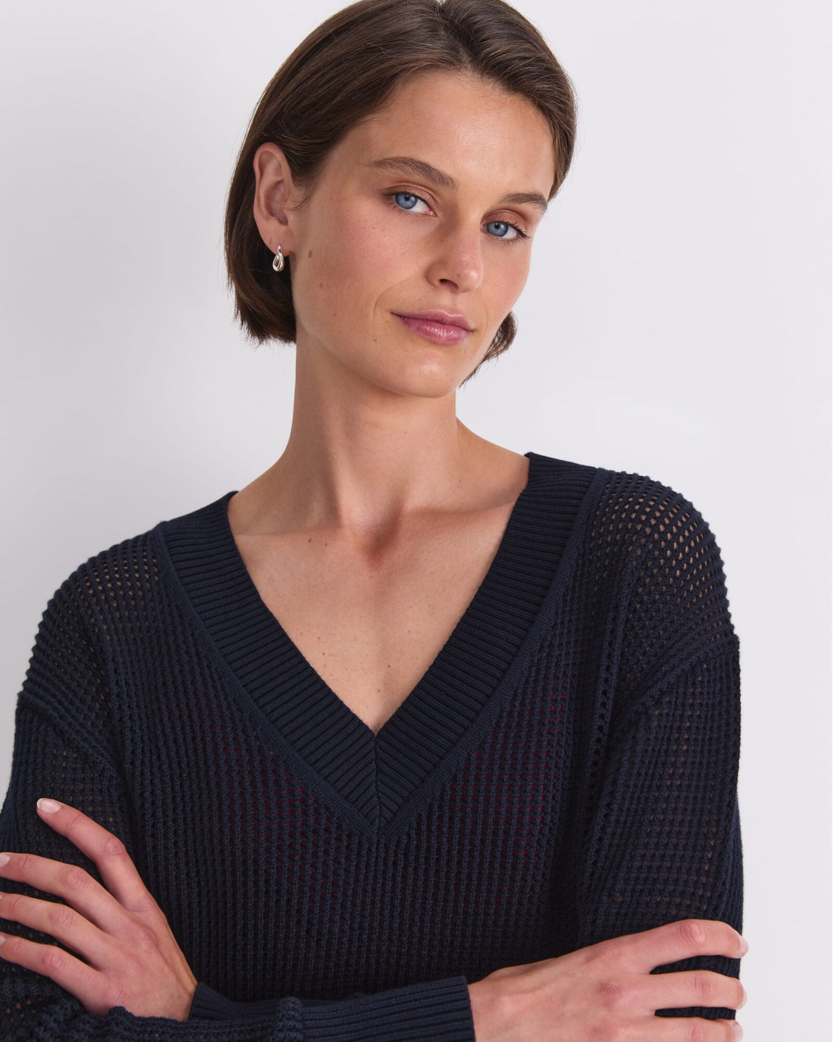Cotton Crochet V-Neck Knit