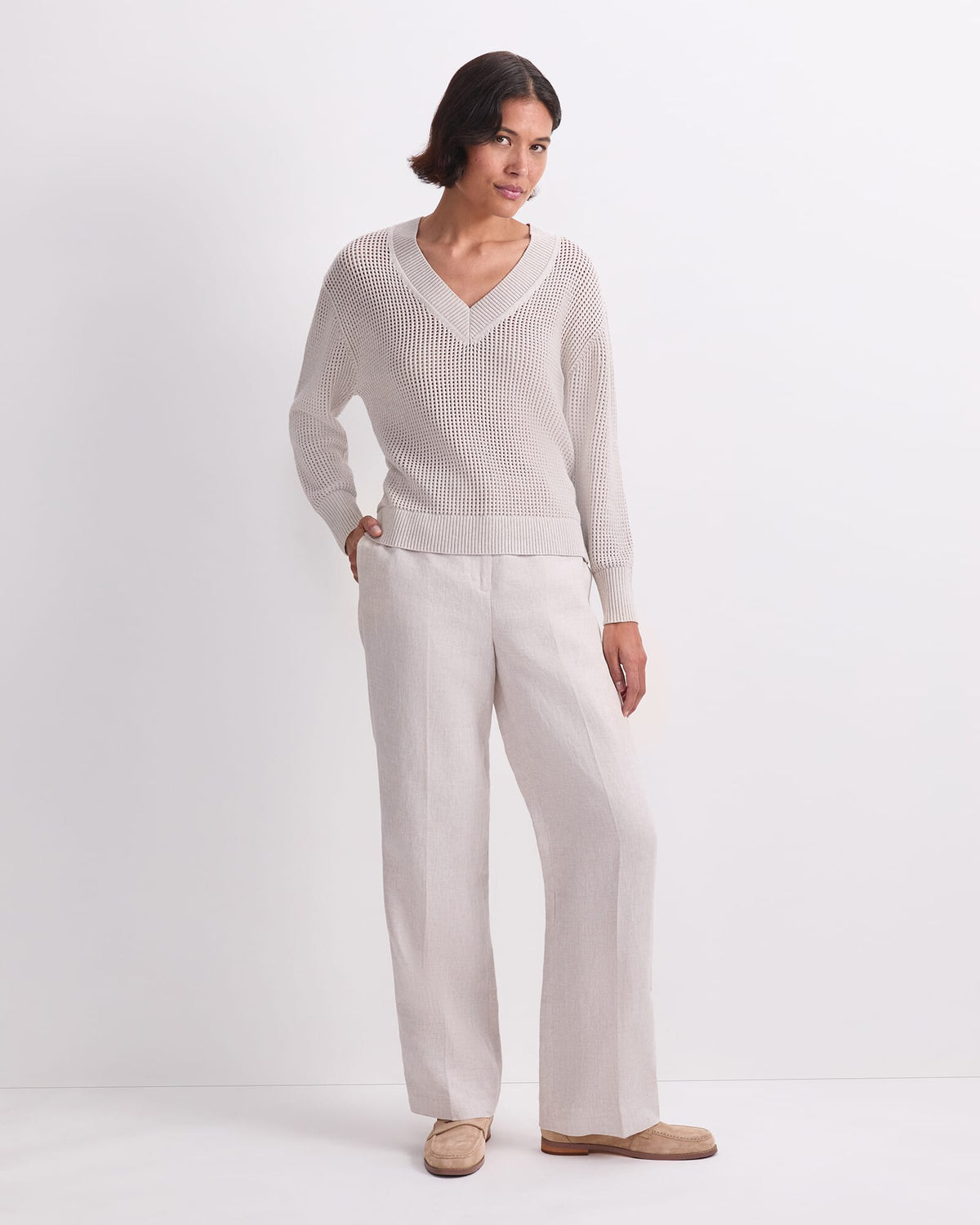 Cotton Crochet V-Neck Knit