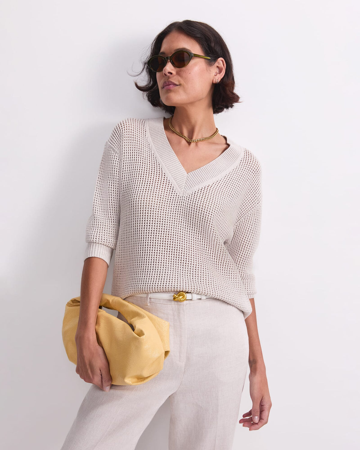 Cotton Crochet V-Neck Knit